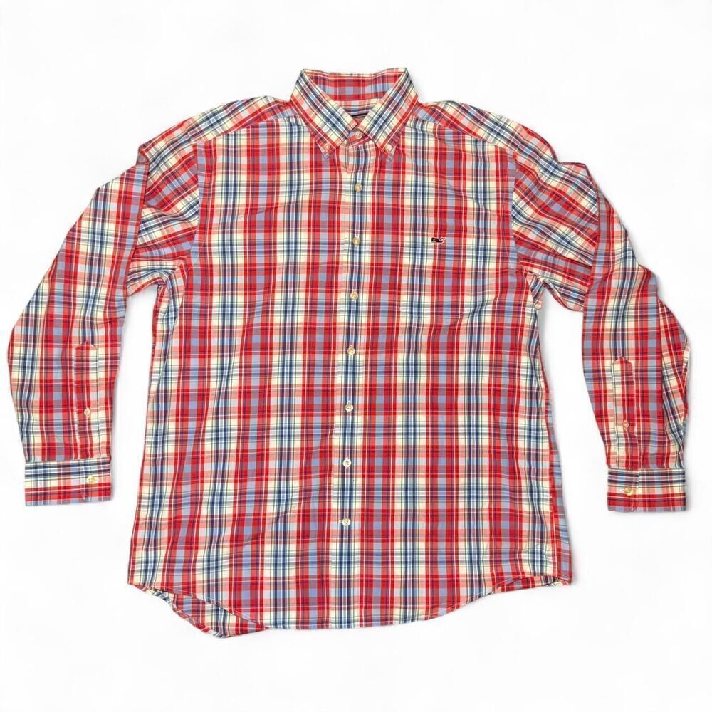 Vineyard Vines Men’s red/white/blue plaid long sleeve button down Tucker Shirt L